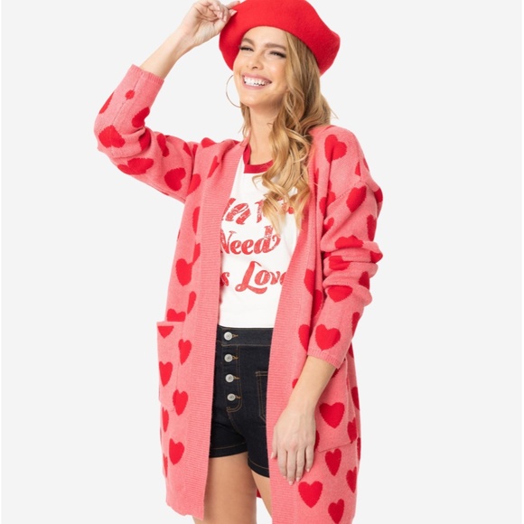 Unique Vintage Sweaters - Pink & Red Hearts Open Long Cardigan | Magnolia Place | Gently Used